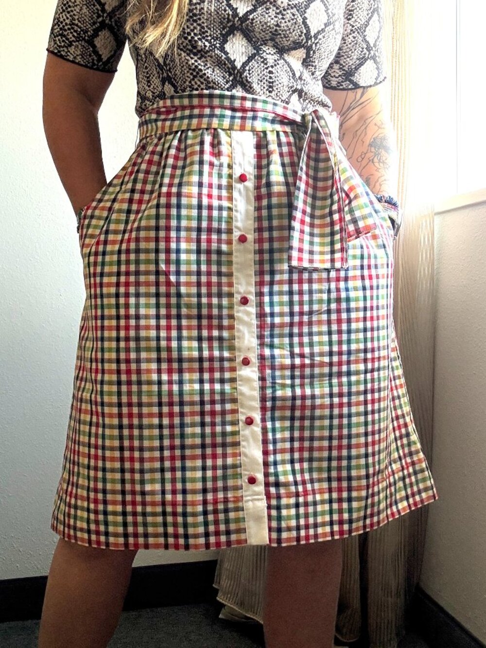 Vintage 70s Sir James Bright Plaid Picnic Elastic Waist A Line Skirt| Size M/L